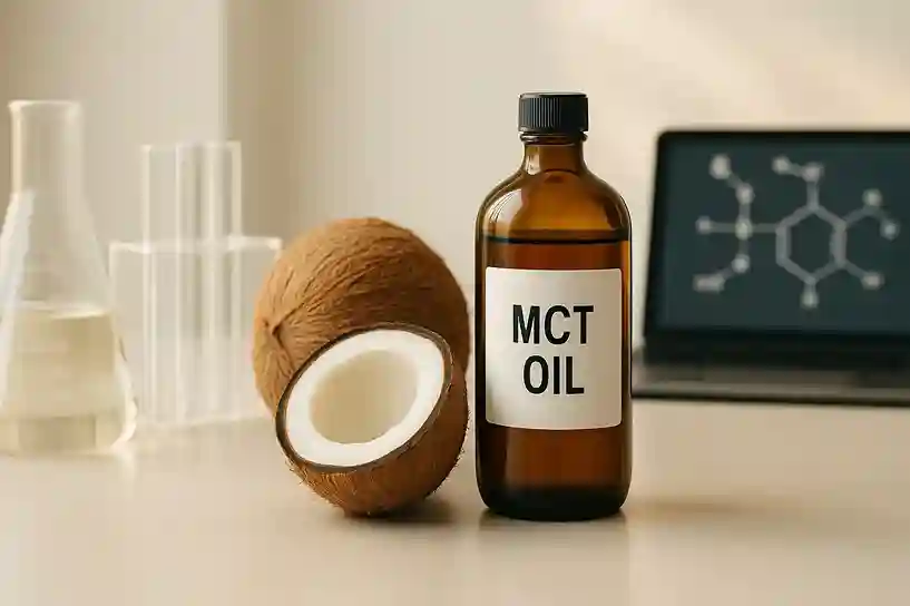 Scientific setup showing MCT oil bottle, coconuts, and lab equipment explaining the research and science behind MCT wellness.