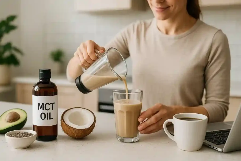 Health-conscious person preparing MCT oil coffee with fresh ingredients, symbolizing energy and focus in MCT wellness.