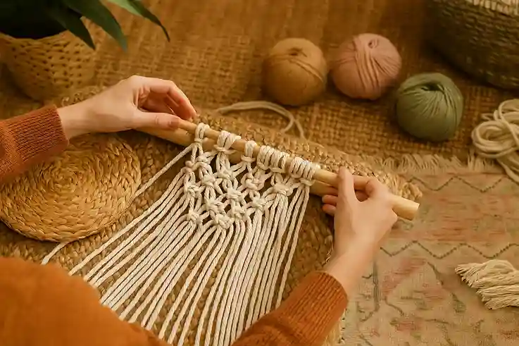 Boho Wall Decor featuring a person making a handmade macramé wall hanging in a cozy interior.