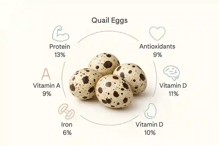 Minimal infographic of Quail Eggs showing protein, vitamins, and health benefits in a clean modern design.