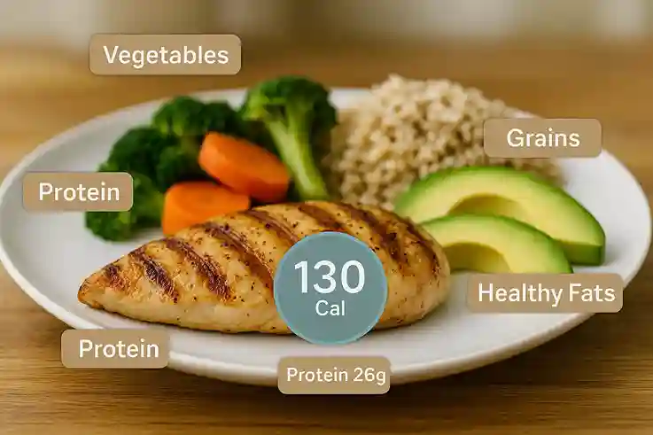 Grilled chicken breast with vegetables and grains showing nutrition breakdown of chicken breast protein.