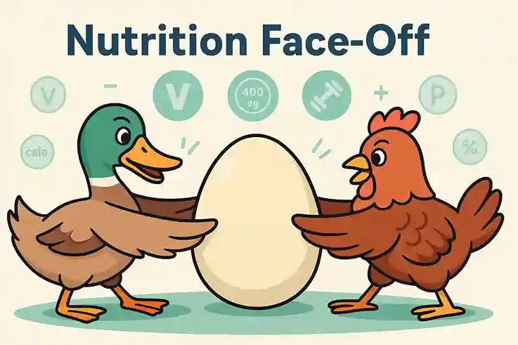Duck and chicken pulling an egg in a fun Nutrition Face-Off comparing Duck Eggs vs Chicken Eggs.
