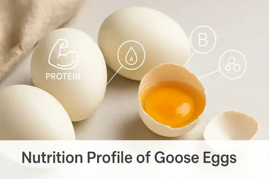 A cracked goose egg showing its rich yolk beside nutrition icons, symbolizing the protein and vitamins in goose eggs.