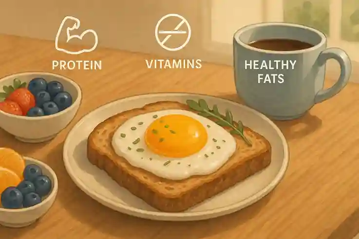 Healthy breakfast with duck egg on toast surrounded by fruit and icons for protein vitamins and healthy fats
