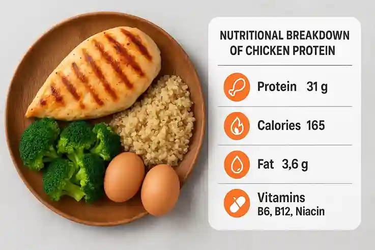 Grilled chicken breast with a nutrition chart breaking down protein, calories, fats, and vitamins for muscle-building benefits.