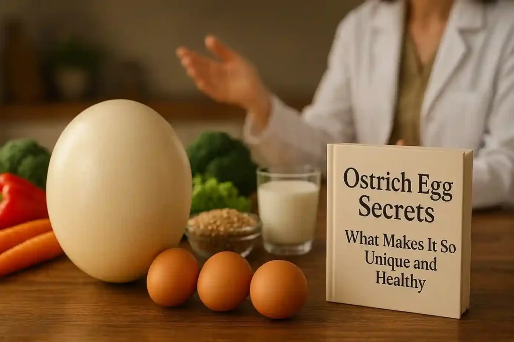 Close-up of a large Ostrich Egg beside chicken eggs with healthy foods, symbolizing its unique nutrition and health benefits.