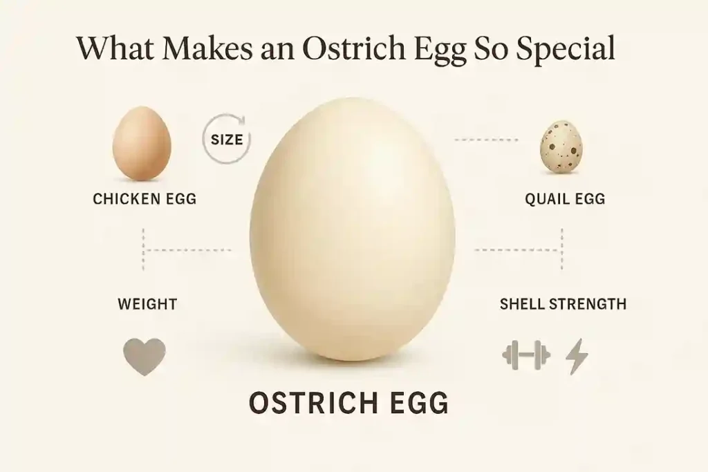 Infographic showing an Ostrich Egg compared to chicken and quail eggs, highlighting its size, nutrition, and unique health benefits.
