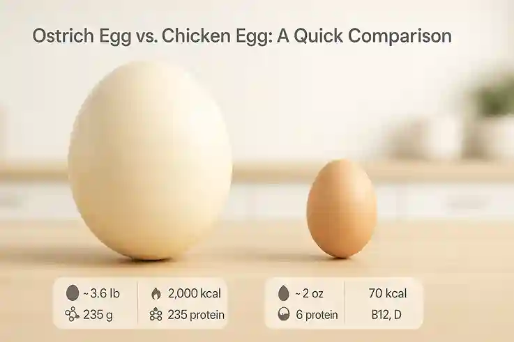 Large Ostrich Egg beside a small Chicken Egg on a kitchen counter, highlighting their size and nutritional comparison.