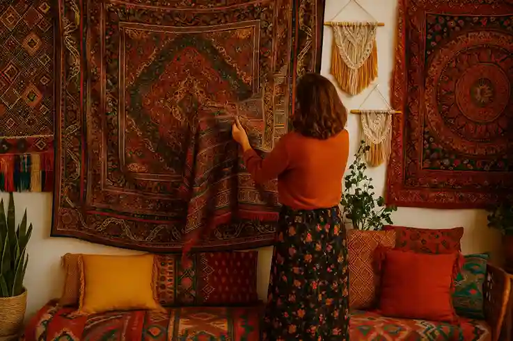 Boho Wall Decor with layered patterned textiles and a person arranging them in a cozy living space.