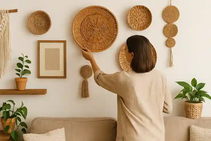 Boho wall decorated with layered patterned textiles and a person arranging them in a cozy living space.