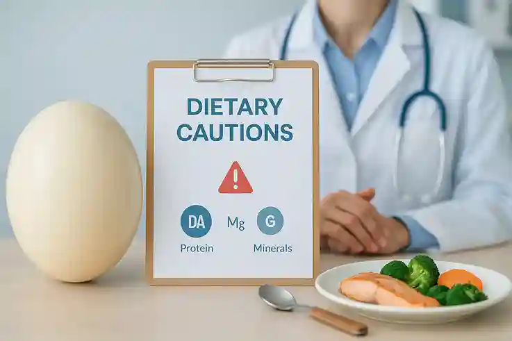 Ostrich Egg on a nutritionist’s desk with dietary caution notes, symbolizing possible health drawbacks and mindful consumption.