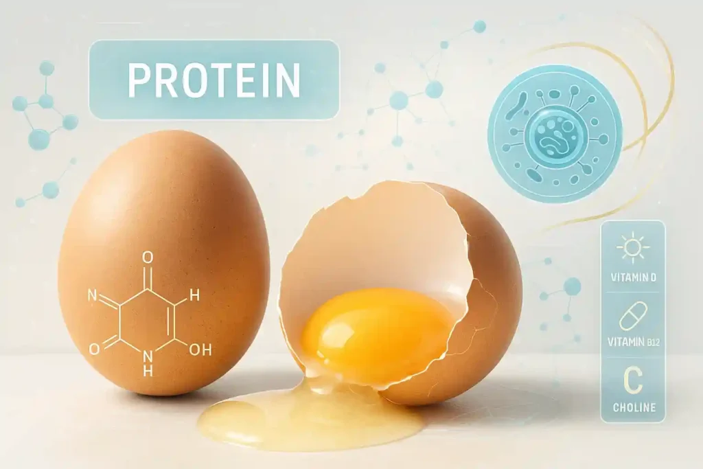 Scientific visualization of egg protein showing amino acids and cellular nutrition benefits for health.