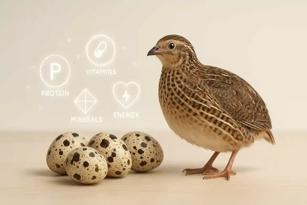 Quail and Quail Eggs with health icons showing protein, vitamins, and nutrition benefits.