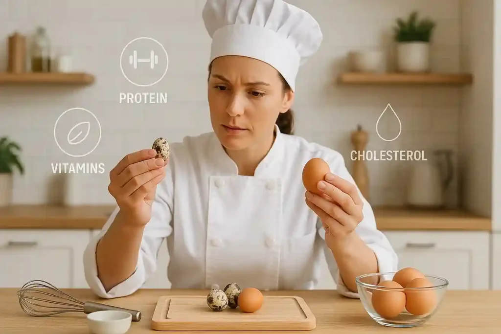 Female chef comparing Quail Eggs vs Chicken Eggs in a modern kitchen with nutrition icons.
