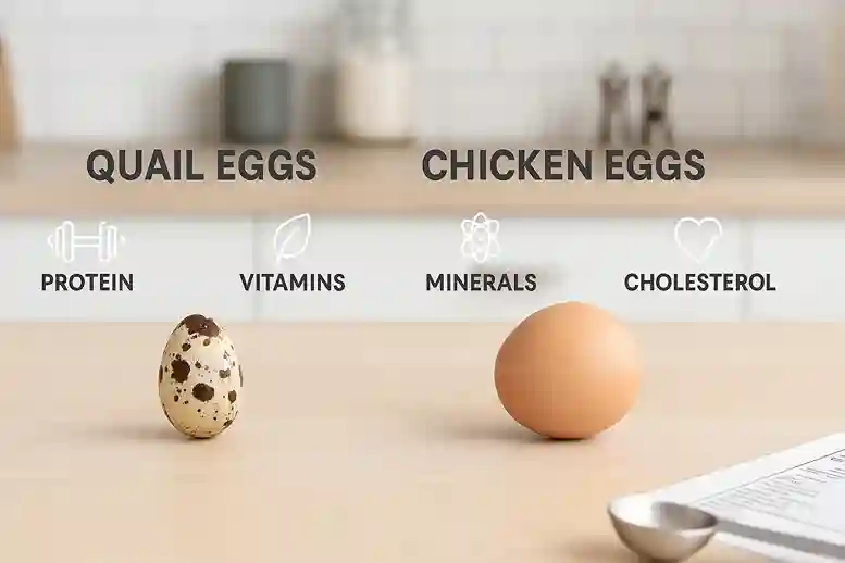 Nutritional comparison of Quail Eggs vs Chicken Eggs with infographic icons on a clean kitchen table.