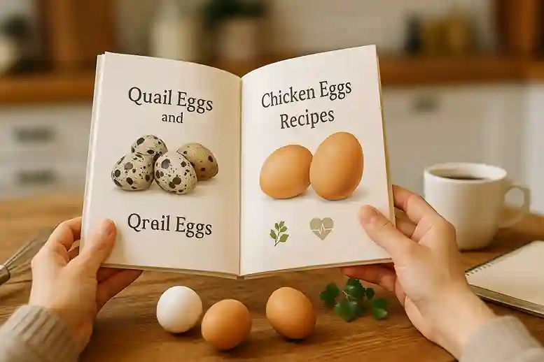 Person reading a recipe book titled “Quail Eggs and Chicken Eggs Recipes” with eggs and kitchen tools.