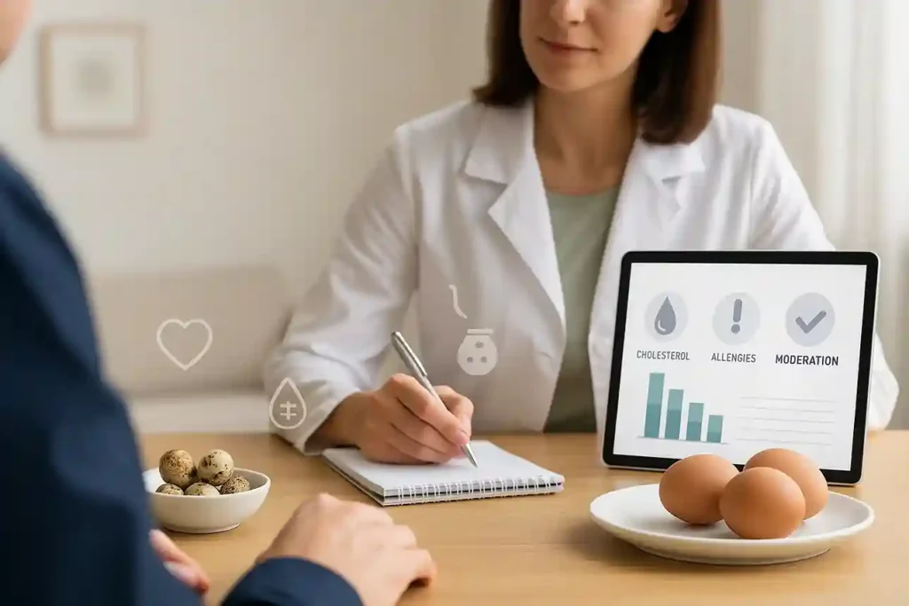 Nutritionist explaining health risks and considerations of Quail Eggs vs Chicken Eggs to a client.