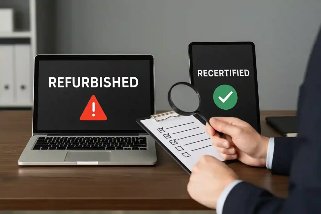 Refurbished vs Recertified comparison showing a shopper examining two electronic devices side by side for quality and reliability