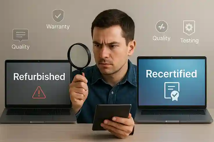 Refurbished vs Recertified comparison showing a shopper examining two devices with icons for quality, testing, and warranty