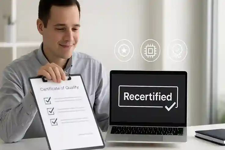 Refurbished vs Recertified products comparison showing a person examining a recertified device with a certificate of quality