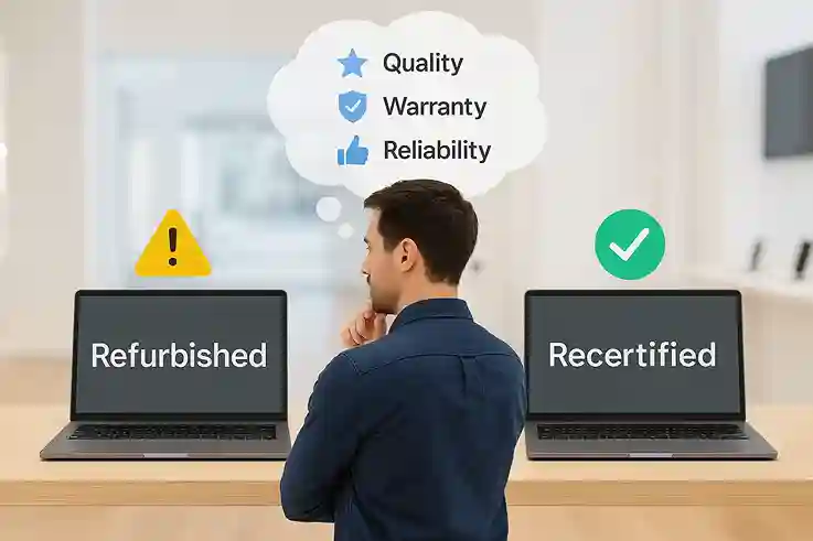 Refurbished vs Recertified comparison showing a shopper carefully choosing between two devices with quality, warranty, and reliability icons