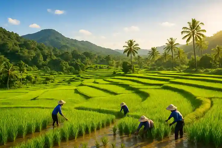 Thailand’s rice fields turning vibrant green under the sun during the Best Time to Travel to Thailand.
