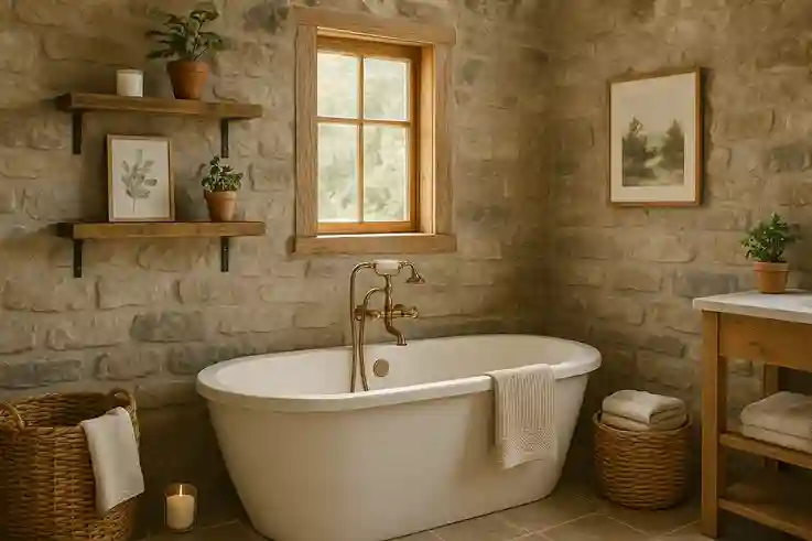 Rustic bathroom featuring Bathroom Wall Art with wooden frames, natural textures, and cozy decorative accents