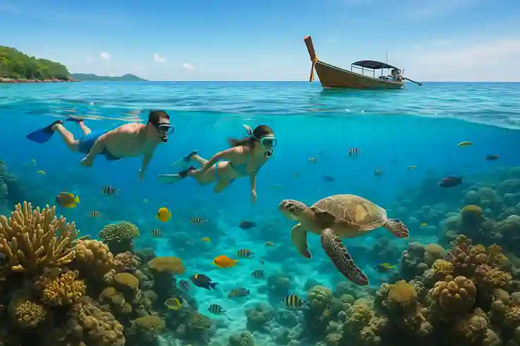 Snorkelers exploring coral reefs and tropical fish in clear waters during the Best Time to Travel to Thailand.