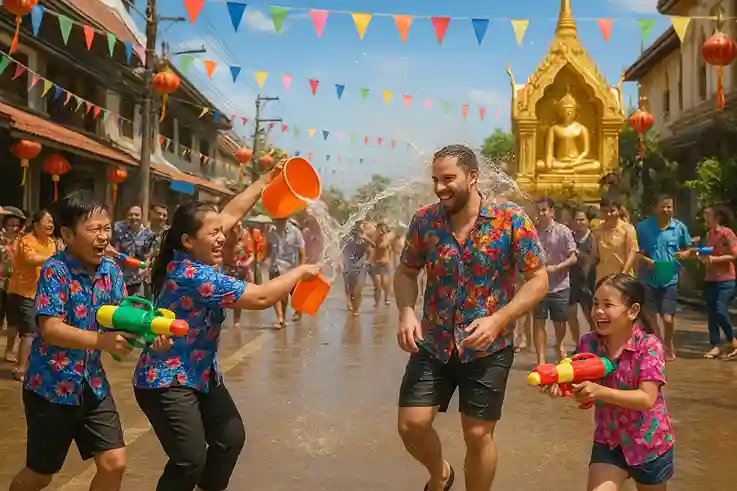 People celebrating Songkran Festival in Thailand with water splashing and cultural traditions during the Best Time to Travel to Thailand.