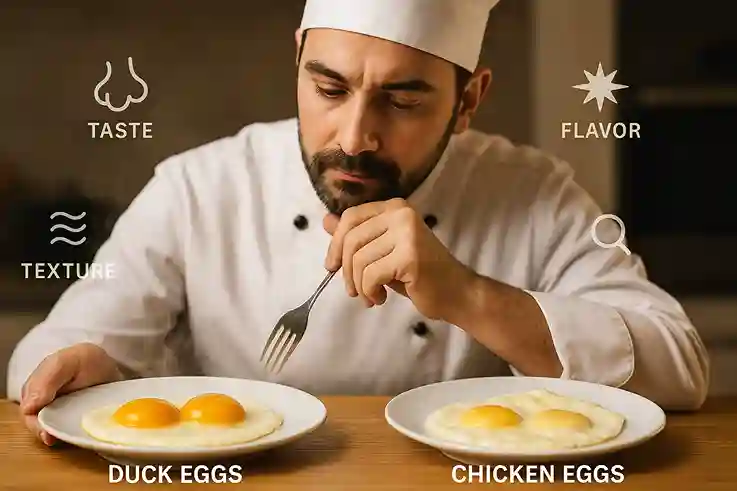 Chef comparing duck eggs and chicken eggs in a taste and texture flavor test.