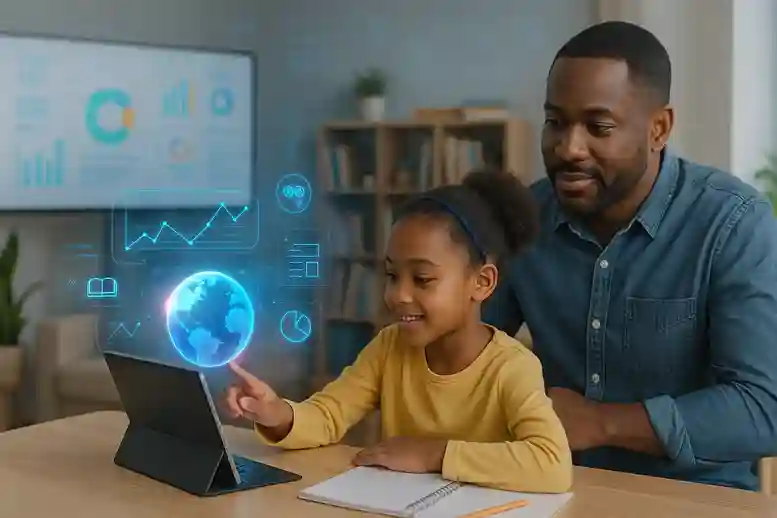 Child using tablet and digital tools for learning at home, symbolizing technology and the future of homeschooling.