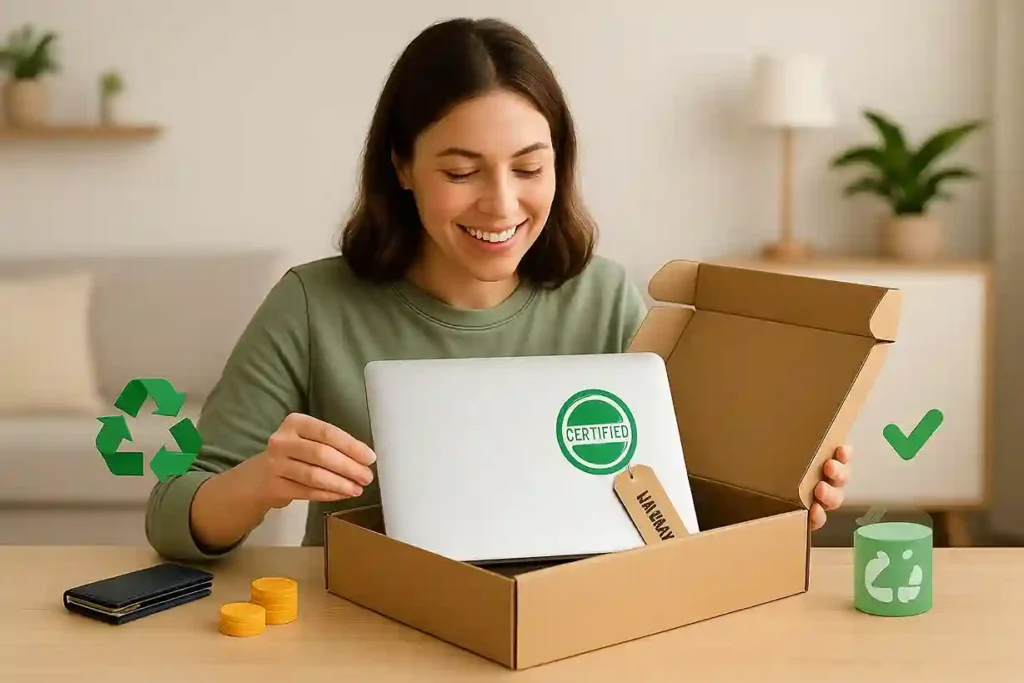 Customer unboxing a recertified product, showing the real benefits of buying recertified with quality and savings.