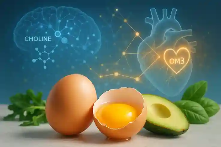 Scientific visualization showing egg nutrients connecting brain and heart health through omega-3s and choline.