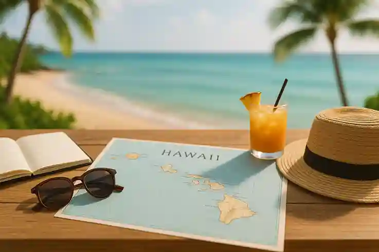 Traveler planning a Hawaiian vacation with map, planner, and tropical drink, highlighting tips for planning a relaxing Hawaii escape.