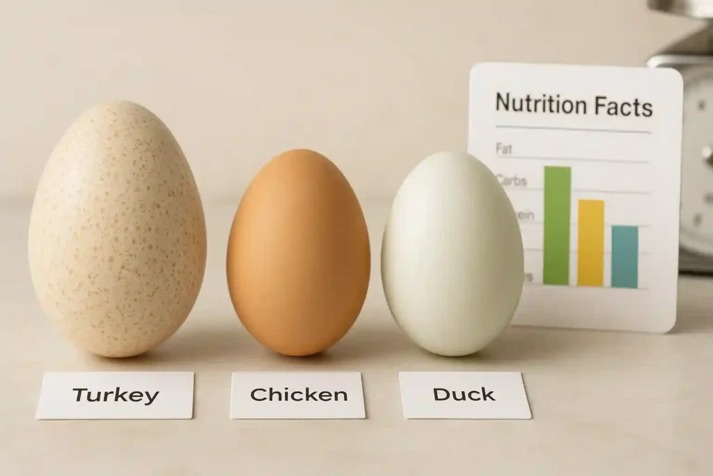 Close-up comparison of turkey eggs with chicken and duck eggs on a clean surface, showing unique speckled shells.