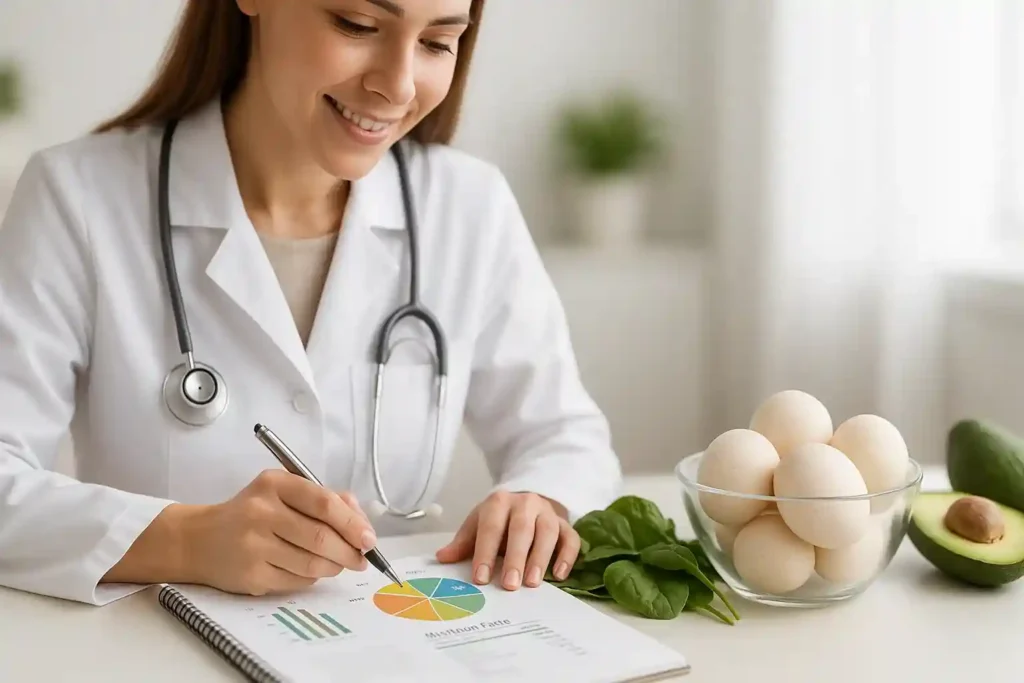 Nutritionist examining turkey eggs with healthy greens and tablet showing nutrition facts in bright kitchen.