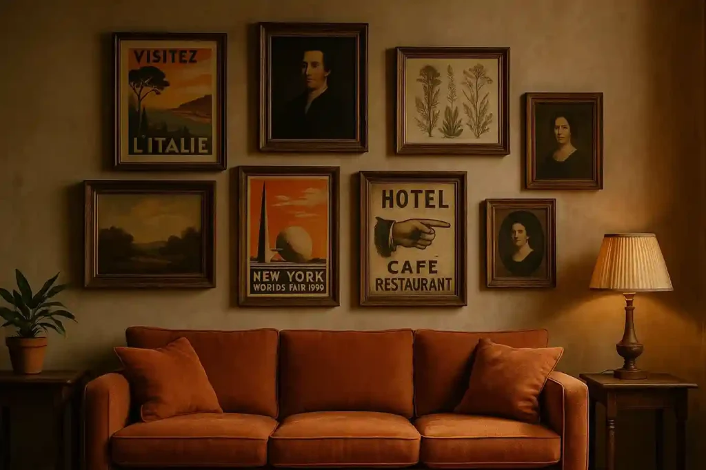 Cozy living room with vintage wall art gallery featuring retro posters, rustic frames, and antique décor for a unique wall style.
