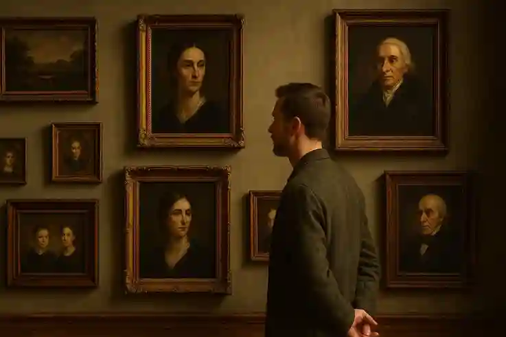 Person admiring vintage wall art display of antique paintings and portraits in ornate frames with warm classic interior lighting