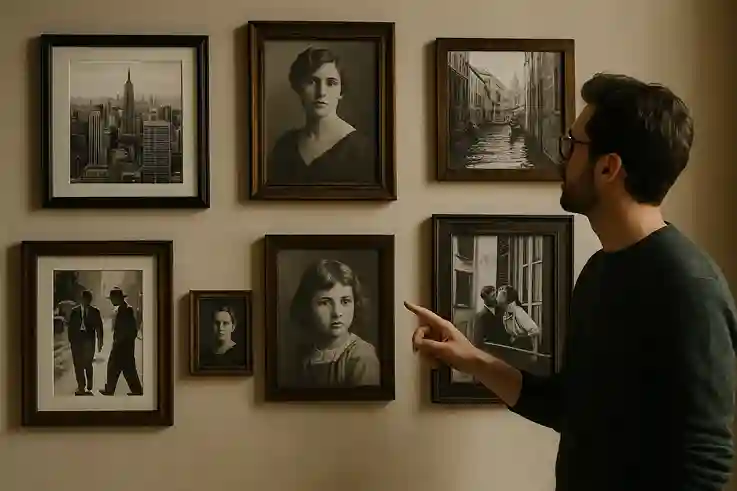 Person admiring vintage wall art of black-and-white photography including classic portraits and cityscapes in stylish frames