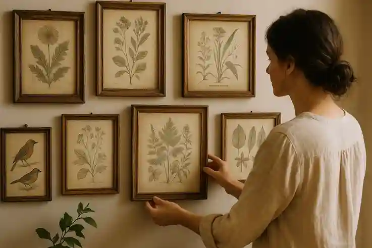 Person admiring vintage wall art of botanical and nature illustrations featuring plants, flowers, and birds in rustic frames