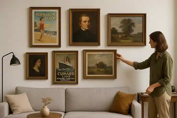 Person admiring vintage wall art displayed with modern décor including sleek furniture and minimalist accessories