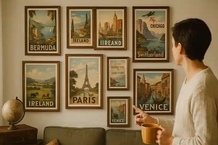 Person admiring vintage wall art gallery of posters and travel prints with retro city illustrations and rustic frames in a cozy room