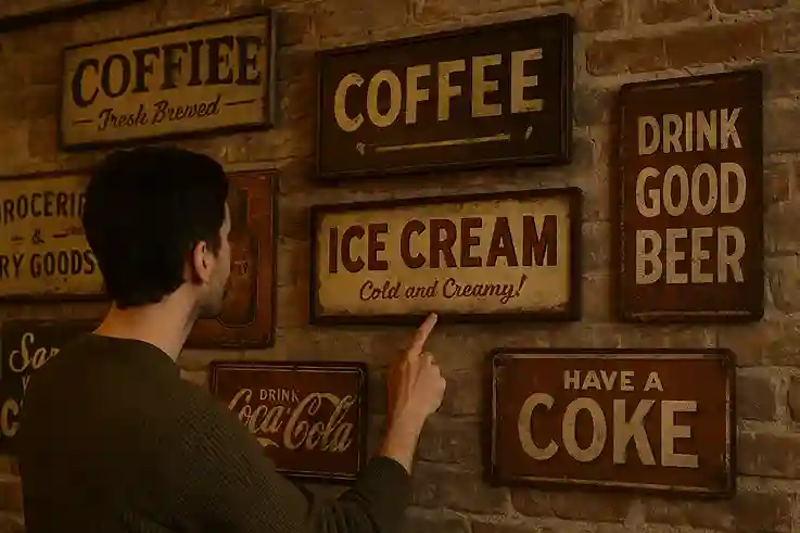 Person admiring vintage wall art of rustic signage and retro advertisements with weathered textures and warm lighting