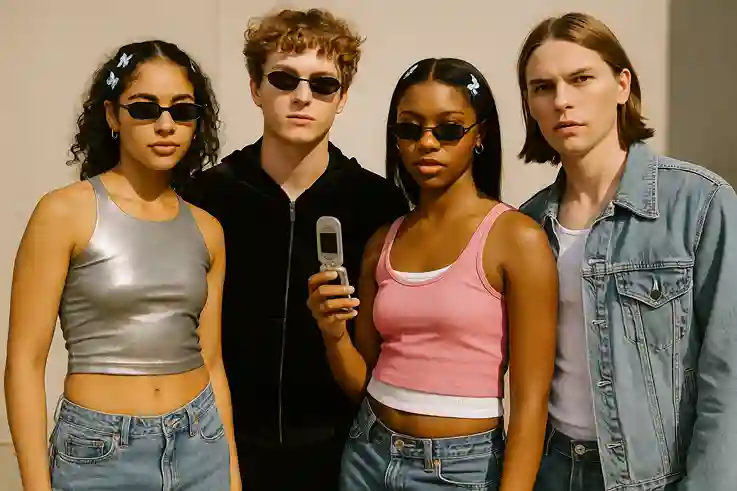 Realistic scene showing 2000s fashion and Y2K looks with metallics, denim, and retro accessories.