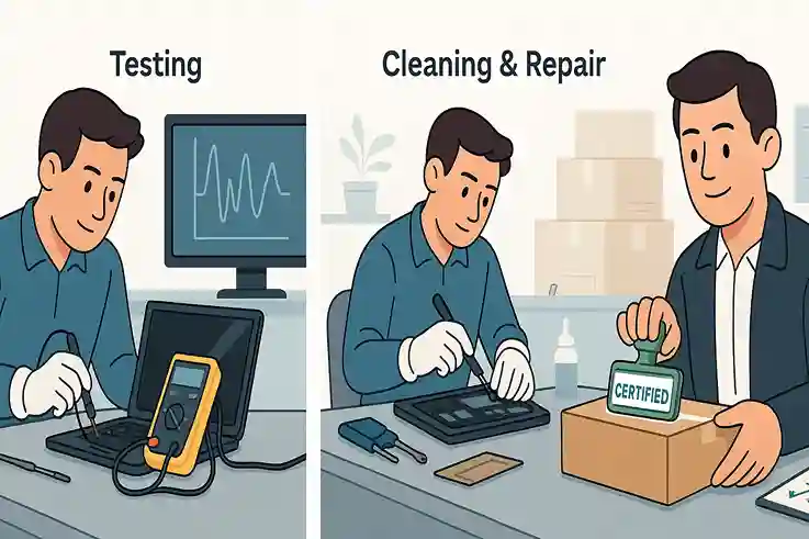 Technician testing and inspecting products to show what does recertified mean for quality and reliability.