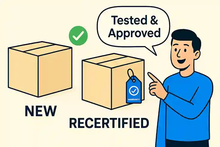Simple illustration comparing new and recertified products with clear approval checkmarks and warranty tags.