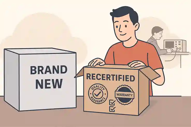 Customer unboxing a recertified product with quality assurance checks and warranty label.