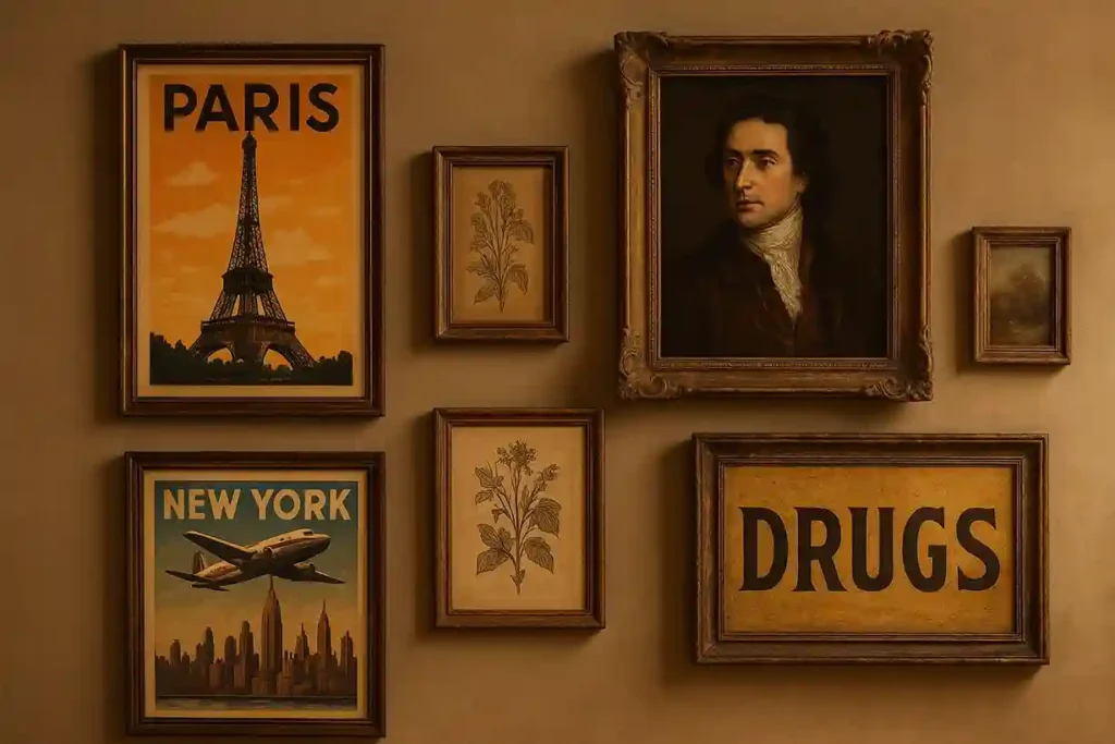 Elegant interior wall featuring vintage wall art with retro posters, antique paintings, and rustic frames that create a timeless standout look