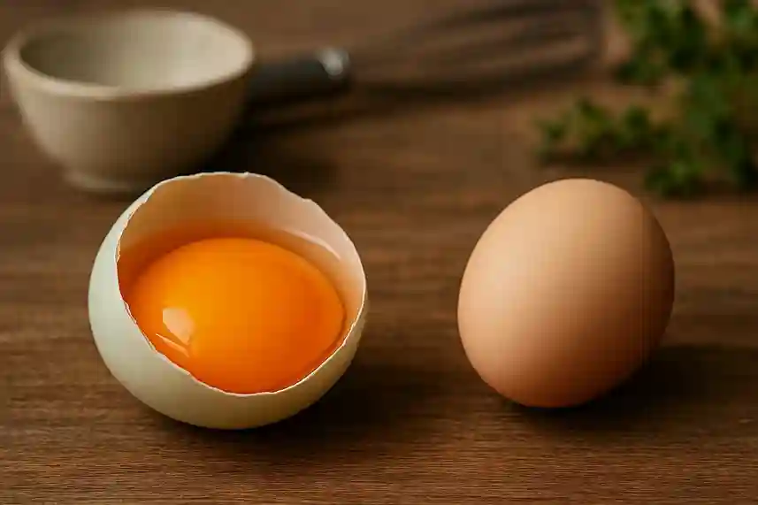 Cracked duck egg with golden yolk next to smaller chicken egg showing size and color differences