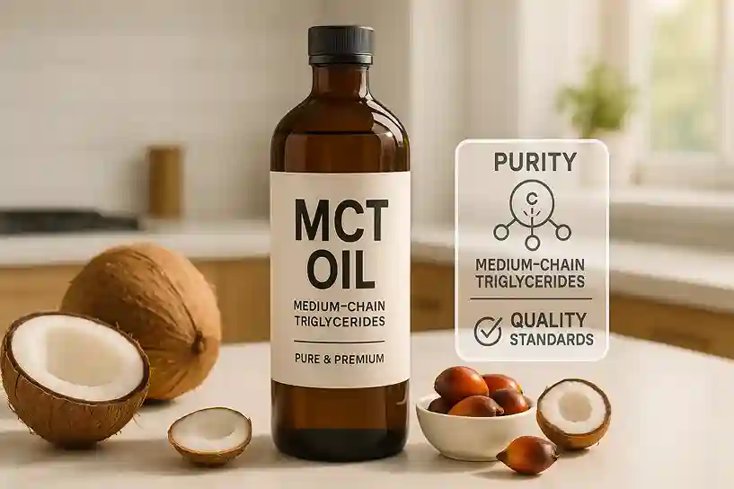 Bottle of Best MCT Oil on a kitchen counter with coconuts, highlighting purity, quality, and clean energy benefits.